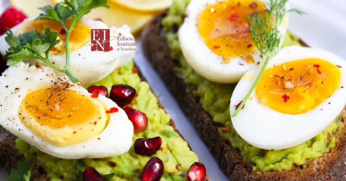 Healthy breakfast with avocado toast and soft-boiled eggs